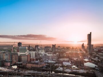 Manchester city centre skyline buidlings at sunrise