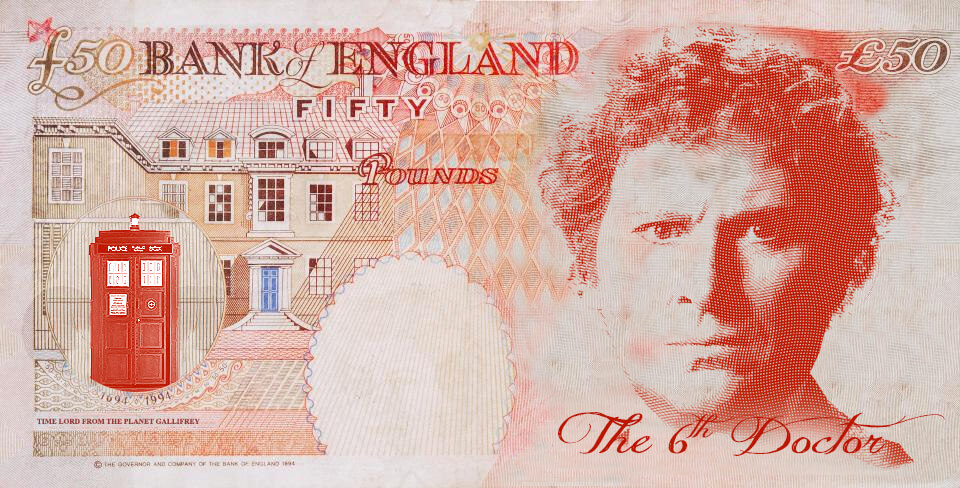 Colin Baker as Dr Who on the UK fifty pound note