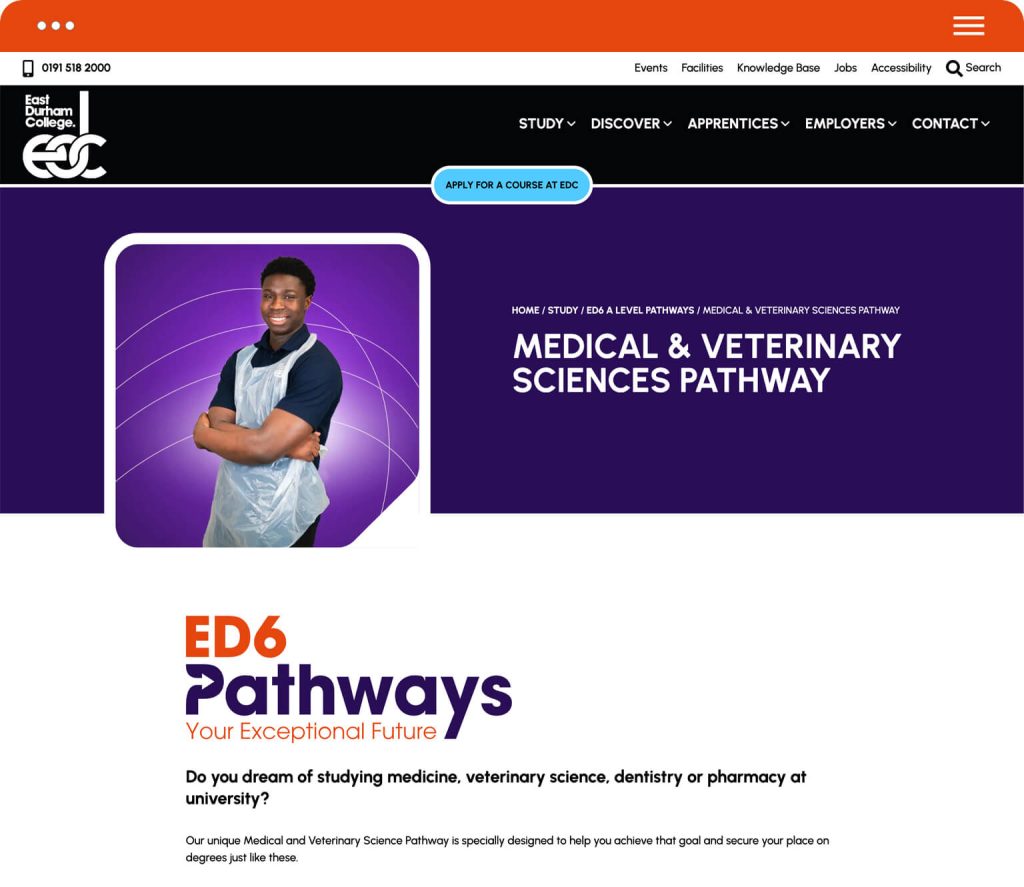 East Durham College ED6 Pathways page on desktop