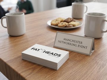 Stack of Fat Heads business cards at a Manchester networking event